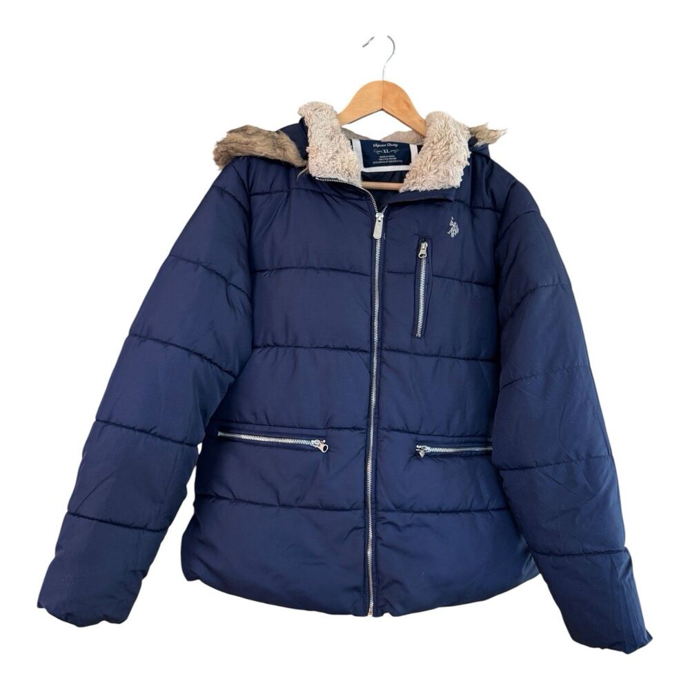 U.S. Polo Assn Navy Blue Puffer Jacket XL Hooded Faux Fur Women's L